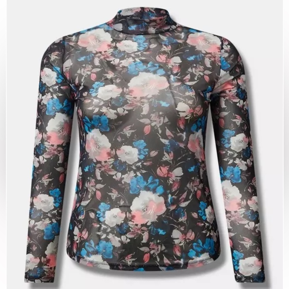 New! Torrid sz 4 Floral Aqua Marble Mesh Mock Neck Long Sleeve‎ Top 4X